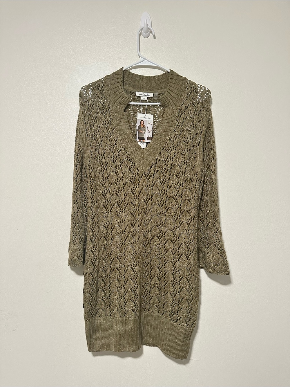 NWT Simply Noelle Olive Metallic Thread Crochet Open-Knit V-Neck Sweater tunic